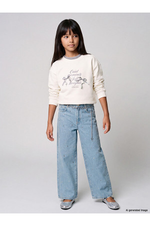 LCW Kids Wideleg Taş İşlemeli Kız Çocuk Jean Pantolon