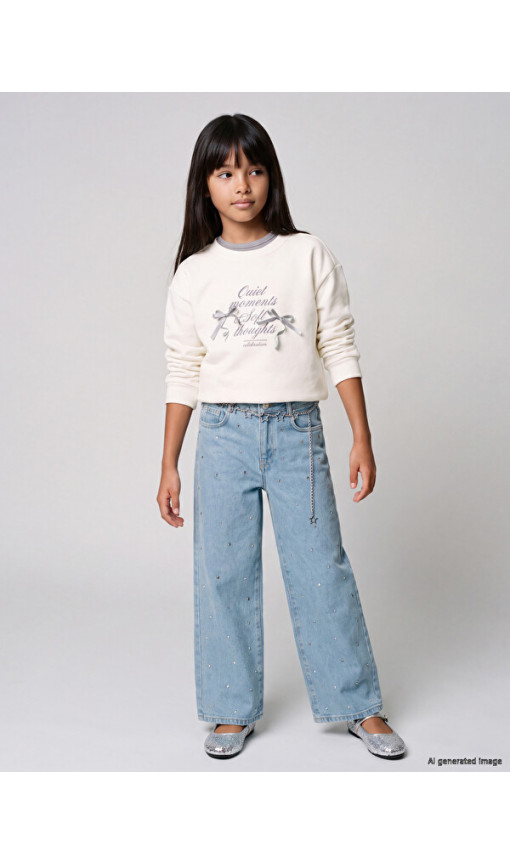 LCW Kids Wideleg Taş İşlemeli Kız Çocuk Jean Pantolon